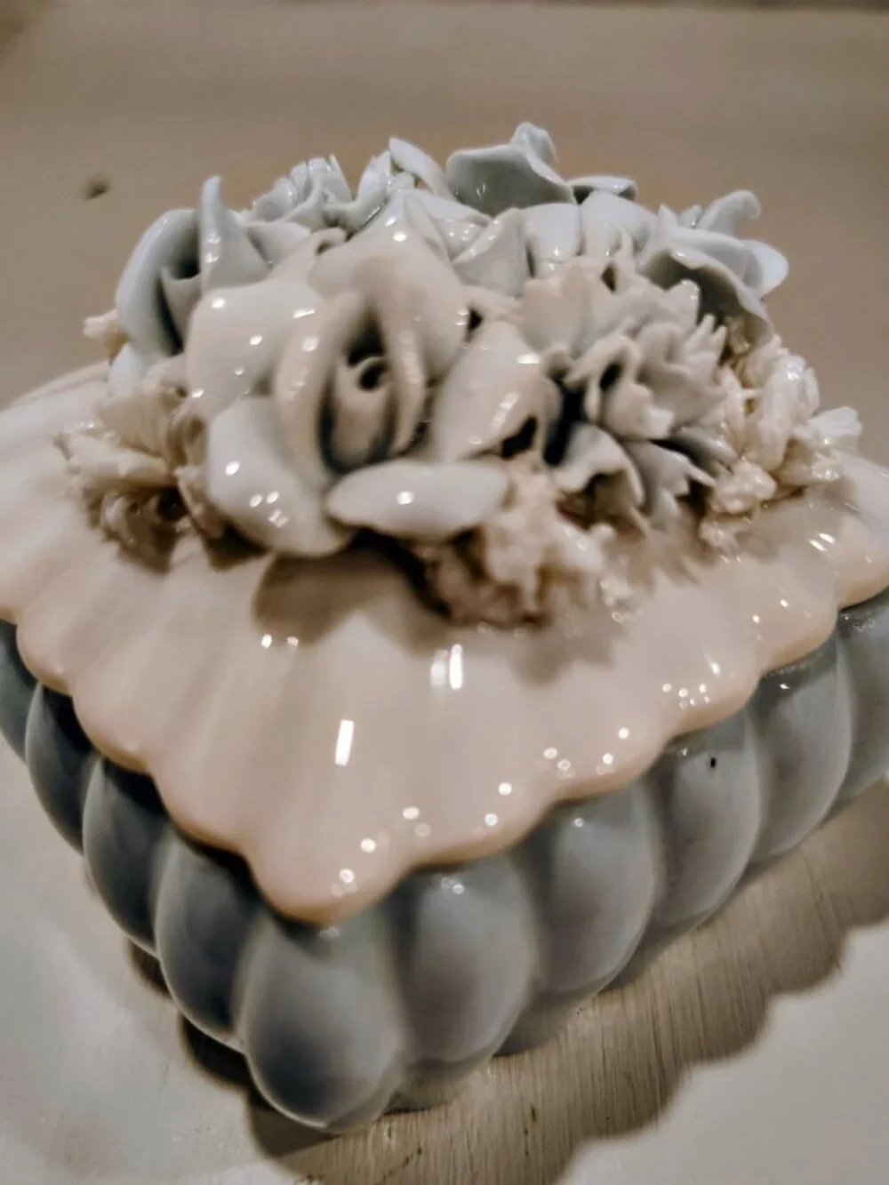 Vintage Japan Blue White Porcelain Floral Trinket Box